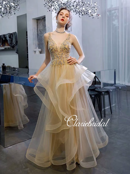 V-neck Long A-line Tulle Rhinestone Prom Dresses, New Claire Design Prom Dresses, Long Prom Dresses