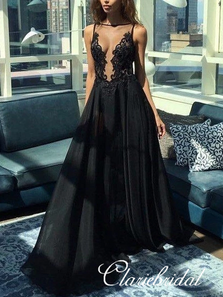 See Through Lace Tulle Top Long A-line Prom Dresses, Black Prom Dresses, Long Prom Dresses