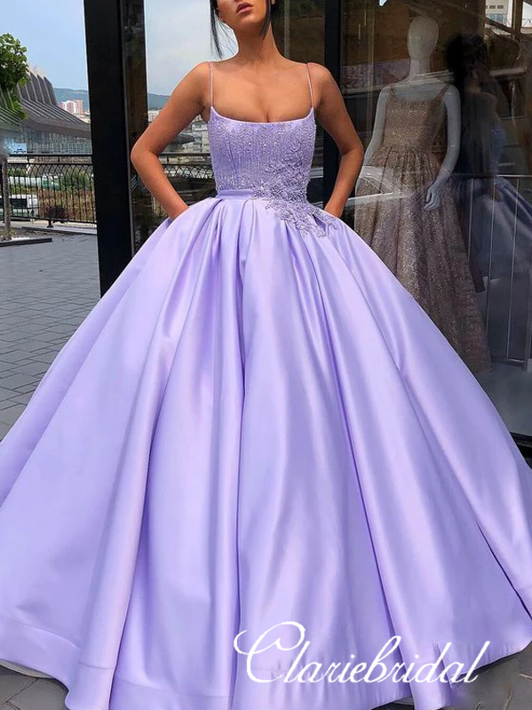 Spaghetti Long Lilac Satin Lace Ball Gown Dresses, Long Prom Dresses, Popular Prom Dresses