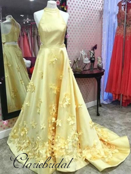 Yellow Satin 3D Floral Prom Dresses, Long Prom Dresses, Popular Prom Dresses