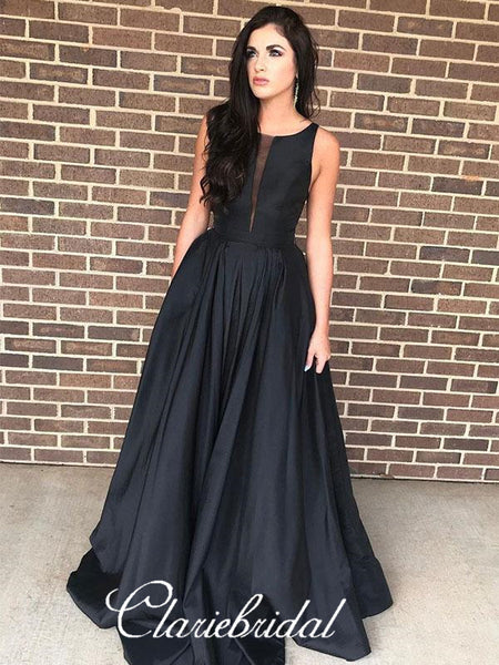 Black Satin A-line Prom Dresses, Long Prom Dresses, Popular Prom Dresses