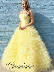 Strapless Yellow Prom Dresses, Fluffy Prom Dresses, Ball Gown, Princess Dresses