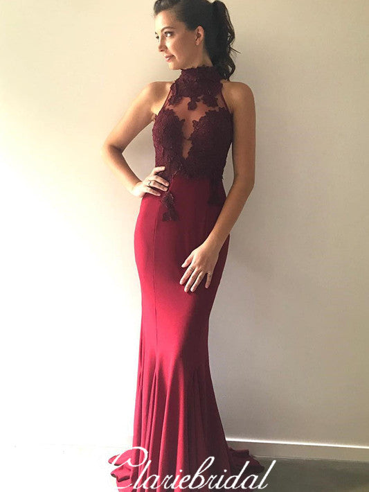High Neck Maroon Lace Jersey Mermaid Prom Dresses