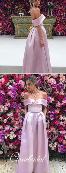 Off Shoulder Pink Satin Prom Dresses, Long Prom Dresses, Cheap Prom Dresses