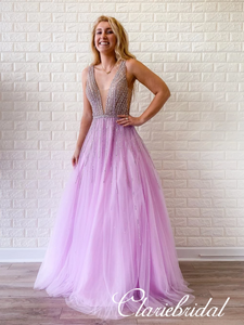 V-neck Long Prom Dresses, Purple Tulle Beaded Prom Dresses, Popular Prom Dresses