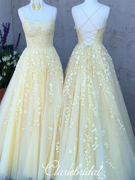 Yellow Lace Tulle Long Prom Dresses, Lace UP Prom Dresses, Popular 2020 Prom Dresses, Long Prom Dresses