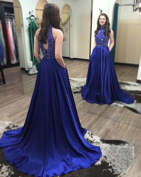 2 Pieces Rhinestone Beaded Elastic Satin Prom Dresses, Open Back Prom Dresses