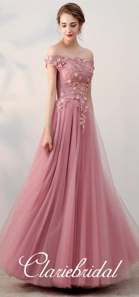 Off Shoullder Dusty Pink Tulle Appliques Prom Dresses, Long Prom Dresses