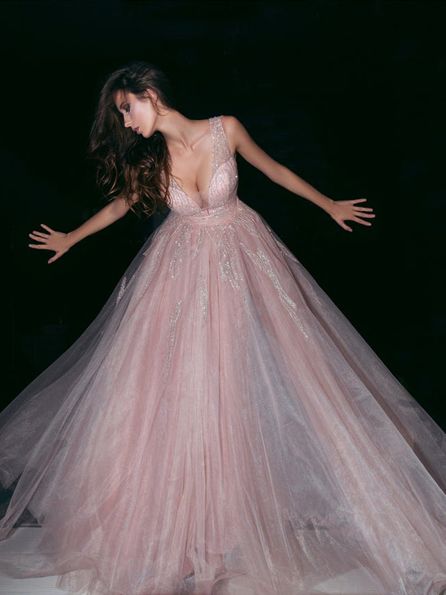 V-neck Pink Tulle Beaded Long Homecoming Dresses, Prom Dresses, Long Prom Dresses