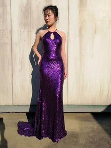 Cross Back Purple Sequin Prom Dresses Long Prom Dresses Mermaid
