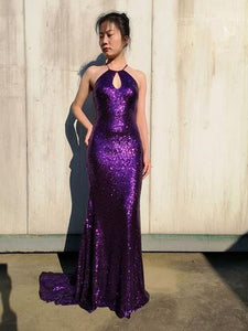 Cross Back Purple Sequin Prom Dresses, Long Prom Dresses, Mermaid Prom Dresses