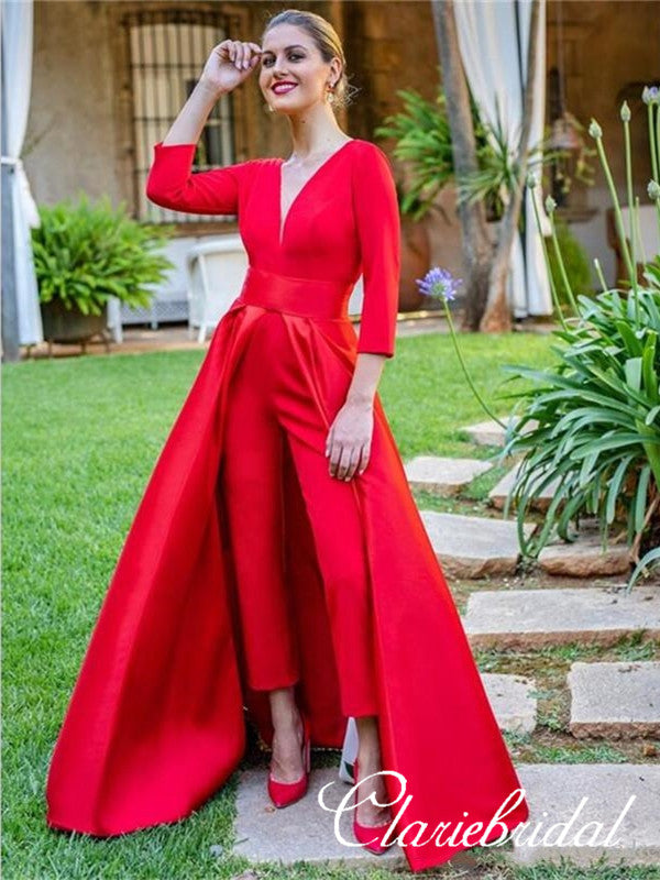 V-neck 3/4 Sleeves Red Satin Prom Dresses, Unique Long Prom Dresses, Chic Prom Dresses