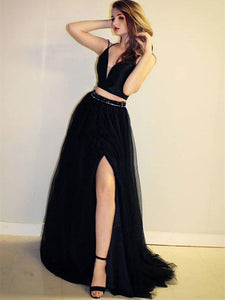 2 Pieces Black Tulle Prom Dresses, Simple Prom Dresses, Long Prom Dresses