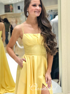 Lovely Simple Yellow Elastic Satin Prom Dresses With Pockets, Long Prom Dresses, High Slit Prom Dresses