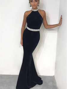 Halter Rhinestone Long Mermaid Velvet Prom Dresses, Elegant Prom Dresses