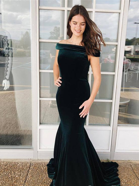 Off Shoulder Long Mermaid Prom Dresses, Emerald Green Velvet Prom Dresses