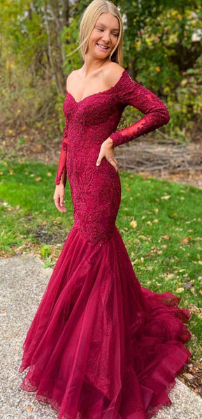 Off Shoulder Long Mermaid Burgundy Lace Tulle Prom Dresses, Beaded Prom Dresses, 2020 Prom Dresses