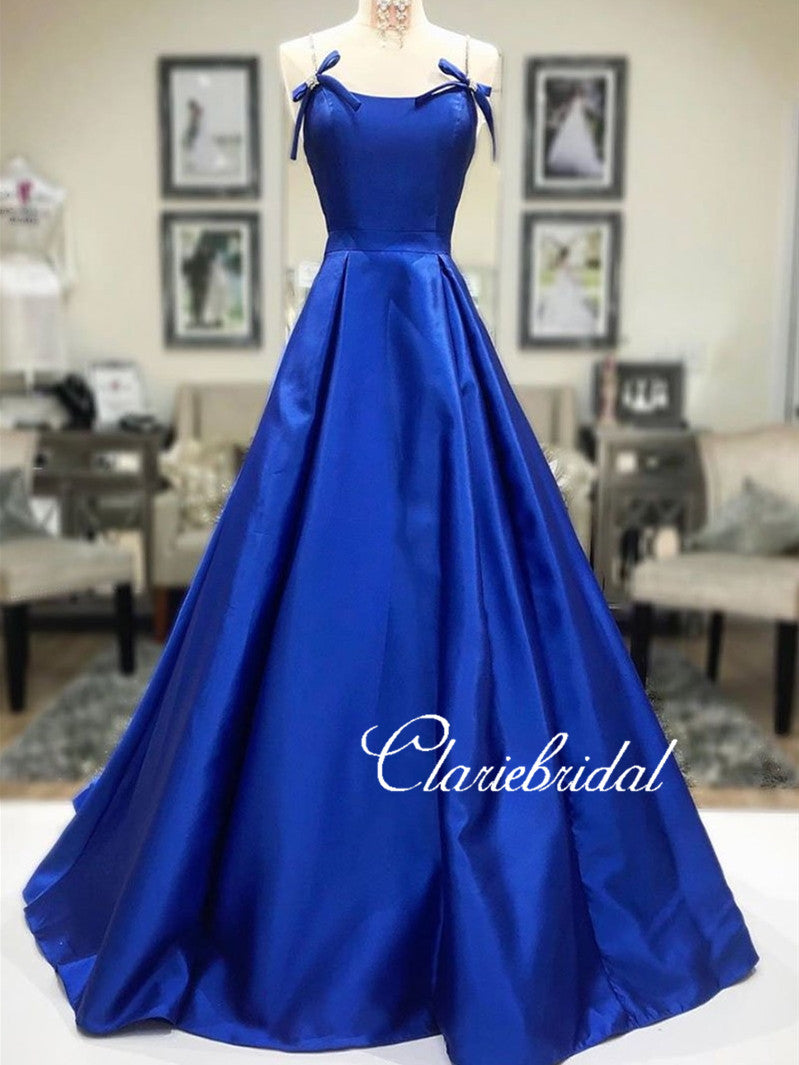 Beaded Straps Long A-line Royal Blue Satin Prom Dresses, Simple Satin Prom Dresses, Long Prom Dresses