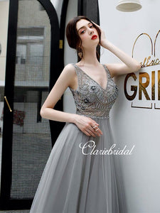 V-neck Grey Tulle Beaded Prom Dresses, Long Prom Dresses, New 2020 Prom Dresses