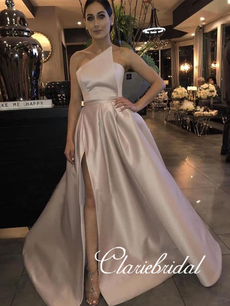 Strapless Long A-line Satin Side Slit Prom Dresses, Gorgeous Prom Dresses, Long Prom Dresses