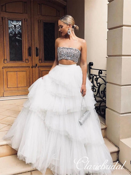 2 Pieces Beaded Top Fluffy Tulle Prom Dresses, Long Prom Dresses, Chic Long Prom Dresses