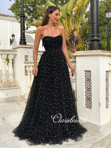 Sweetheart Long A-line Black Tulle Beaded Prom Dresses, Chic Long Prom Dresses, 2020 Prom Dresses