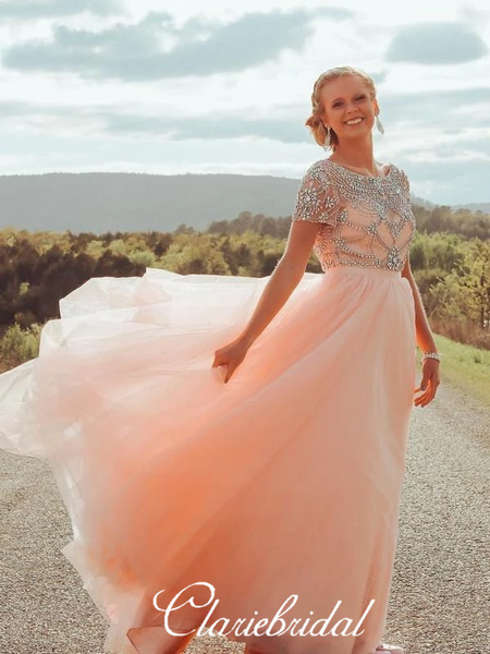 long peach dresses for prom A-line Peach Organza Beaded Spaghetti Straps Long Evening Prom Dresses, MR8177