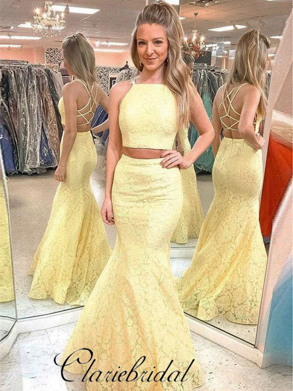 2 Pieces Yellow Lace Prom Dresses, Mermaid Prom Dresses, Popular Prom Dresses