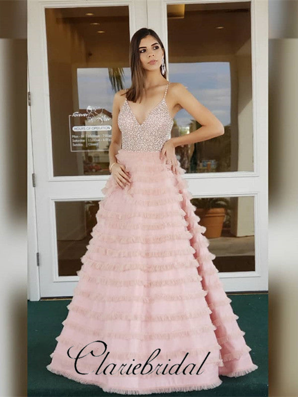 Spaghetti A-line Beaded Pink Prom Dresses, Long Fluffy Prom Dresses, Prom Dresses