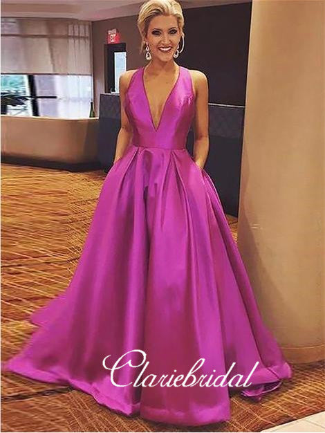 V-Neck A-line Satin Prom Dresses, Elegant Prom Dresses, Long Prom Dresses