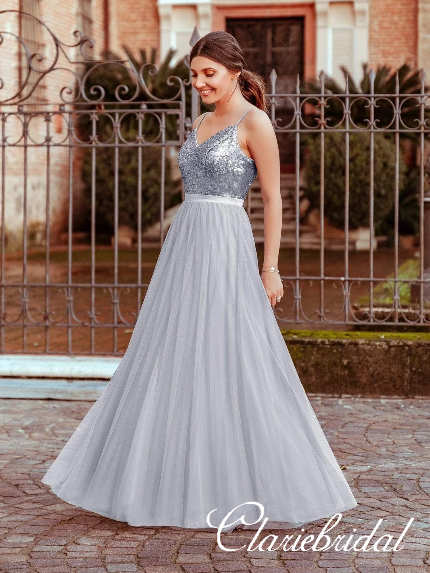 V-neck Sequin Top Long A-line Tulle Prom Dresses, Simple Long Prom Dre ClaireBridal V-neck Sequin Top Long A-line Tulle Prom Dresses, Simple Long Prom Dre ClaireBridal