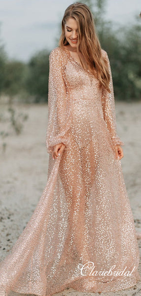 V-neck Long Sleeves Bling Sequin Tulle Prom Dresses, Long Prom Dresses