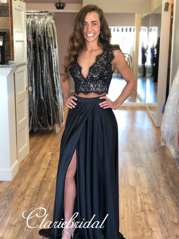 2 Pieces Black Lace Top Satin Prom Dresses, V-neck Long Prom Dresses ClaireBridal 2 Pieces Black Lace Top Satin Prom Dresses, V-neck Long Prom Dresses ClaireBridal