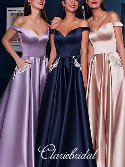 Off Shoulder Long A-line Satin Prom Dresses, Elegant Prom Dresses