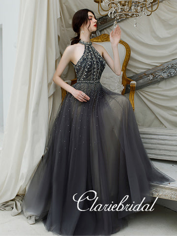 New Claire Design Dark Grey Rhinestone Beaded Long Prom Dresses, Chic Prom Dresses