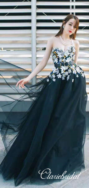 Sweetheart Long A-line Black Tulle Floral Prom Dresses, Appliques Prom Dresses, Newest Prom Dresses