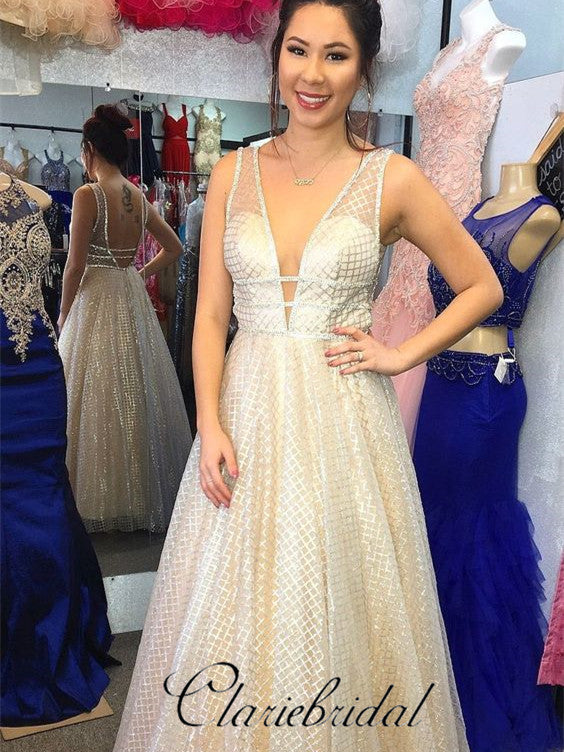 V-neck Sequin Tulle Long A-line Prom Dresses, Special Prom Dresses, Prom Dresses