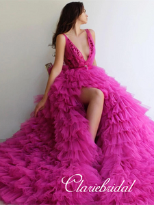 Deep V-neck Long A-line Fluffy Tulle Prom Dresses, Hot Pink Prom Dresses, Hi-low Prom Dresses