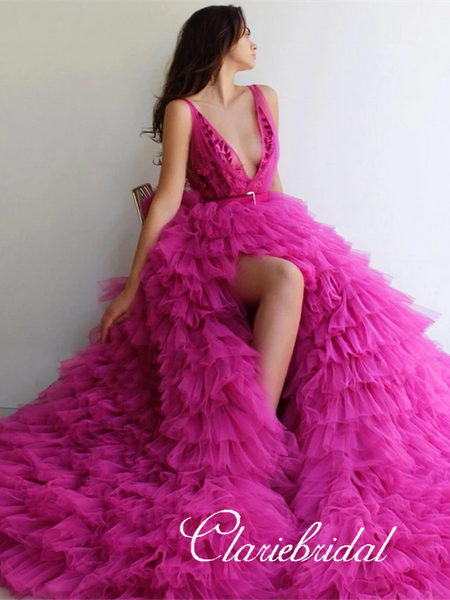 Deep V-neck Long A-line Fluffy Tulle Prom Dresses, Hot Pink Prom Dresses, Hi-low Prom Dresses