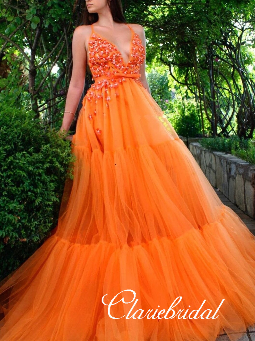 V-neck Long A-line Bright Orange Prom Dresses, Tulle Prom Dresses, Long Prom Dresses