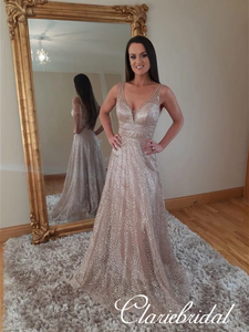 V-neck Sequin Tulle Long Prom Dresses, A-line Prom Dresses, Newest Prom Dresses