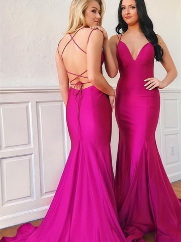 Hot Pink Elastic Satin Long Mermaid Prom Dresses, Lace Up Prom Dresses, Lovely Mermaid Prom Dresses