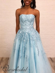 Strapless Light Blue Lace A-line Tulle Prom Dresses, Long Prom Dresses, Prom Dresses