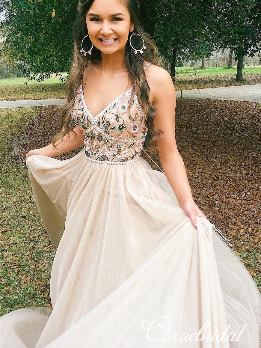 V-neck Boho Beaded Lace LOng Prom Dresses, Long Prom Dresses, Popular – ClaireBridal