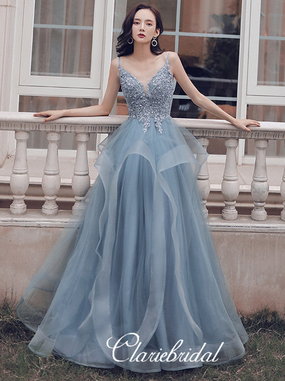 Spaghetti Long A-line Grey Tulle Lace Prom Dresses, Beaded Prom Dresses, Lovely Long Prom Dresses