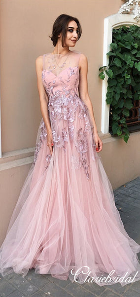 Pink Tulle Lace Long Homecoming Dresses, Prom Dresses, Newest Prom Dresses