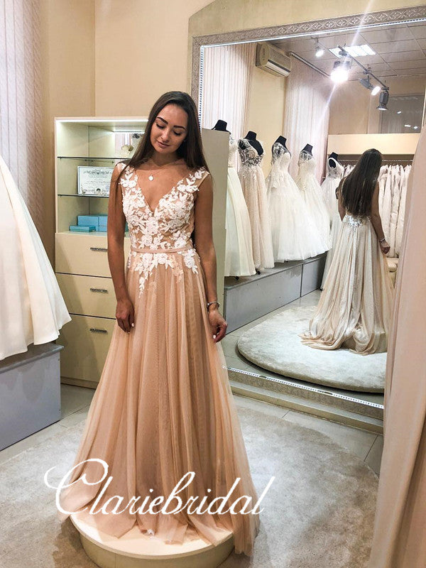 V-neck Lace Appliques A-line Champagne Prom Dresses, Long Prom Dresses