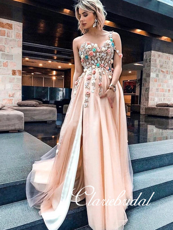 Sweetheart Long A-line Lace Appliques Long Prom Dresses, Side Slit Prom Dresses