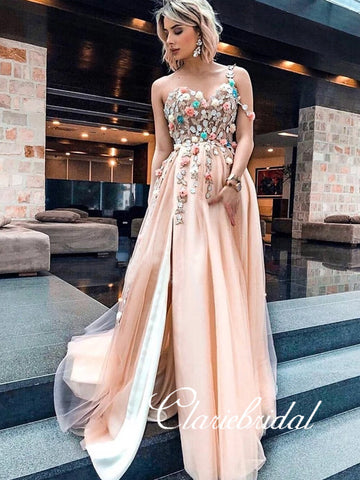 Sweetheart Long A-line Lace Appliques Long Prom Dresses, Side Slit Prom Dresses