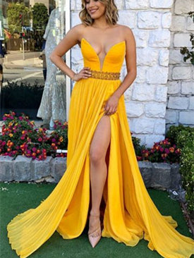 V-neck Yellow Chiffon Side Slit Prom Dresses, Long Prom Dresses, Popular Prom Dresses